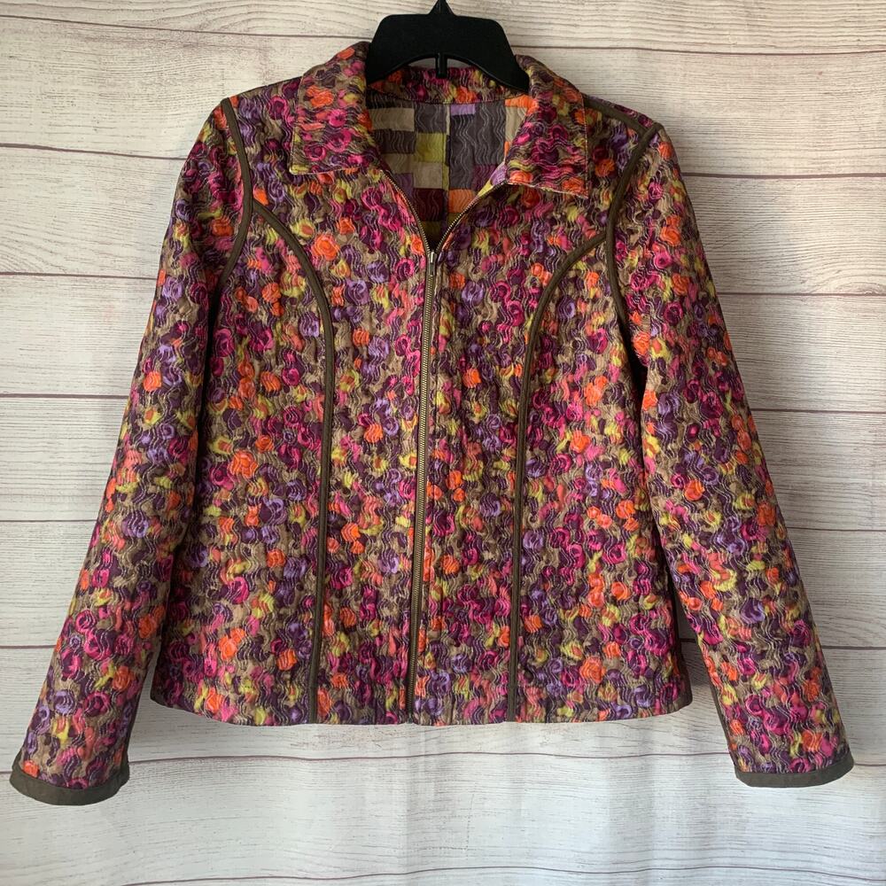 Reversible Multicolor Full Zip Jacket Patchwork Colorblock Quilt and Floral Side - Picture 3 of 16